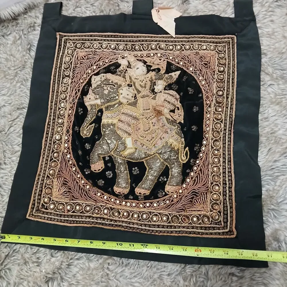 Vintage Thai Beaded Elephant Wall Hanging‎ Tapestry Velvet Gold Embroidery